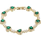 Birthstone Bracelets for Women 925 Sterling Silver Heart Charm Created Gemstone Cubic Zirconia Bangle Tennis Bracelet Jewelry Anniversary Birthday for Mom Wife (GS-AX-GREEN)