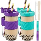 Reusable Glass Mason Jars Cups with Lids and Straws Silicone Sleeves, 4 Pack 24Oz Wide Mouth Smoothie Cups Glass Bubble Tea Cup, Leakproof drinking glasses Water Bottle Travel Tumbler for Large Pearl