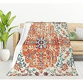HGOD DESIGNS Carpet Pattern Throw Blanket Boho Style Ethnic Design Orange Blue Soft Blankets and Throws 40x50 Inch Caring for Women Men (100x130cm)