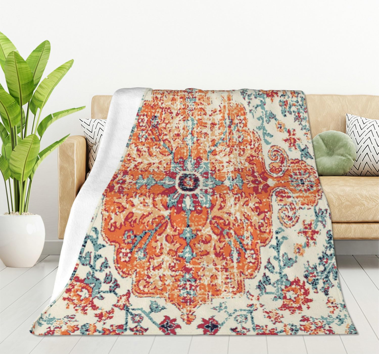 HGOD DESIGNS Flannel Fleece Bed Blanket 130x150cm Carpet Pattern Boho Style Ethnic Design Orange Blue Throw Blanket Lightweight Cozy Plush Blanket for Bedroom Living Rooms Sofa Couch