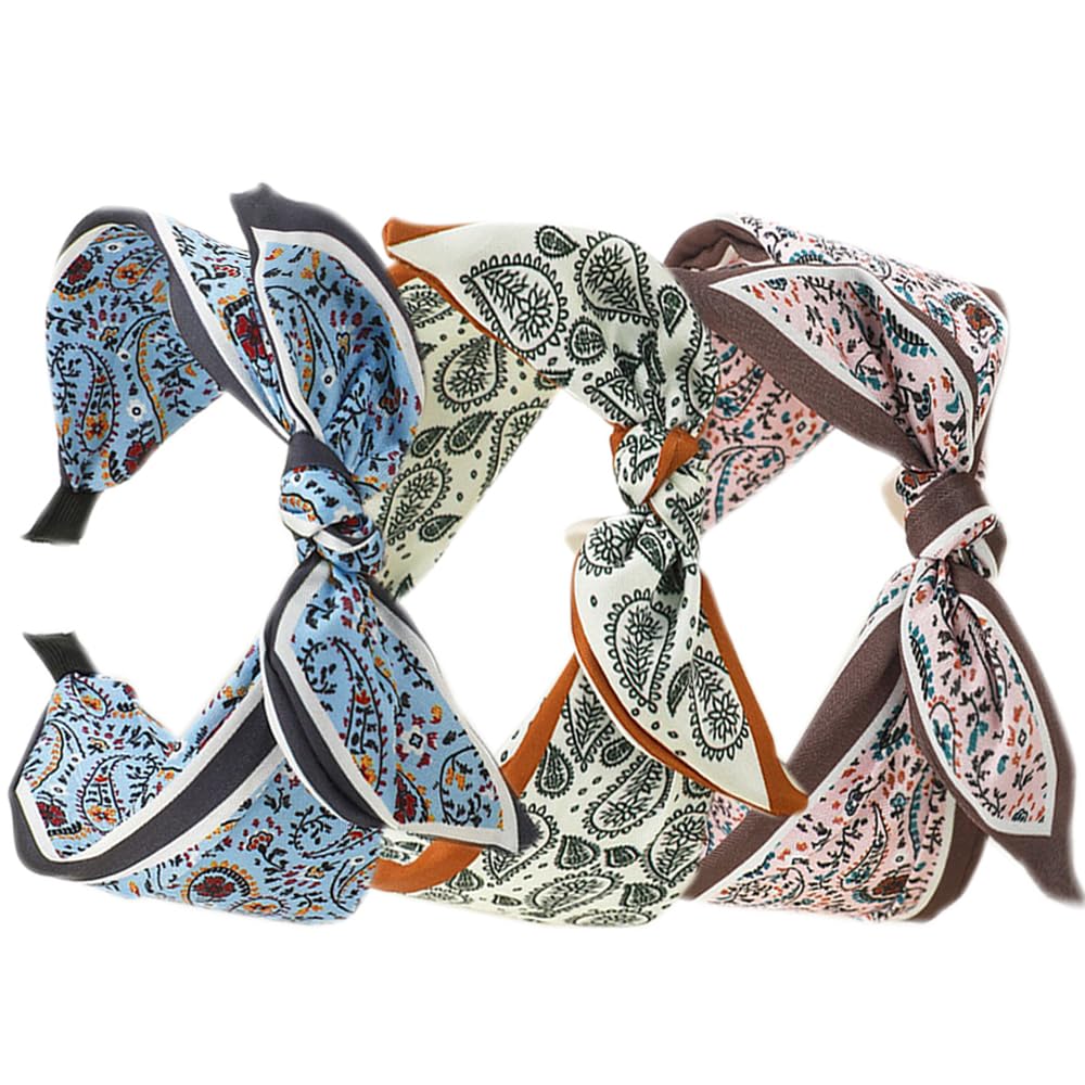 3Pcs Boho Wide Headband Rabbit Ears Hair Bands Fabric Non-Slip Headwear Elastic Twist Hair Hoop 1920s Accessories for Women Girls (Cashew headband) — image 1
