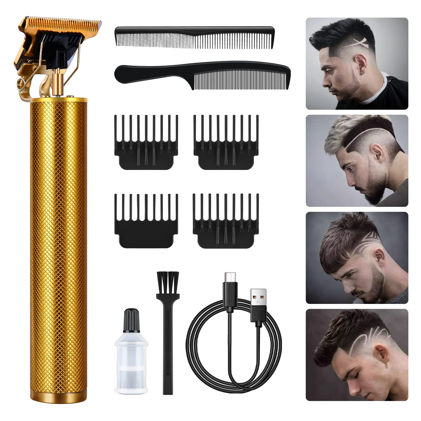URAQT Hair Clippers for Men - Cordless Electric Beard Trimmer Set, Waterproof Detail Beard Shaver, T-Blade Trimmer Grooming Kit with 4 Guide Combs 2 Hair Combs (Gold)