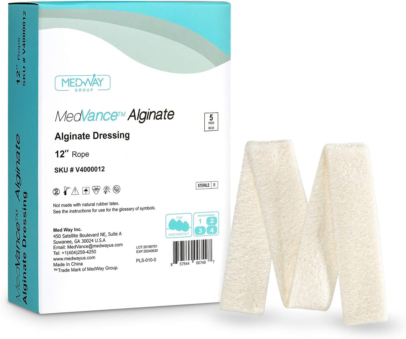 MedVance TM Alginate - Calcium Alginate Dressing, 30 cm Rope, Box of 5 dressings, Beige, 11.8 inches (Pack of 5)