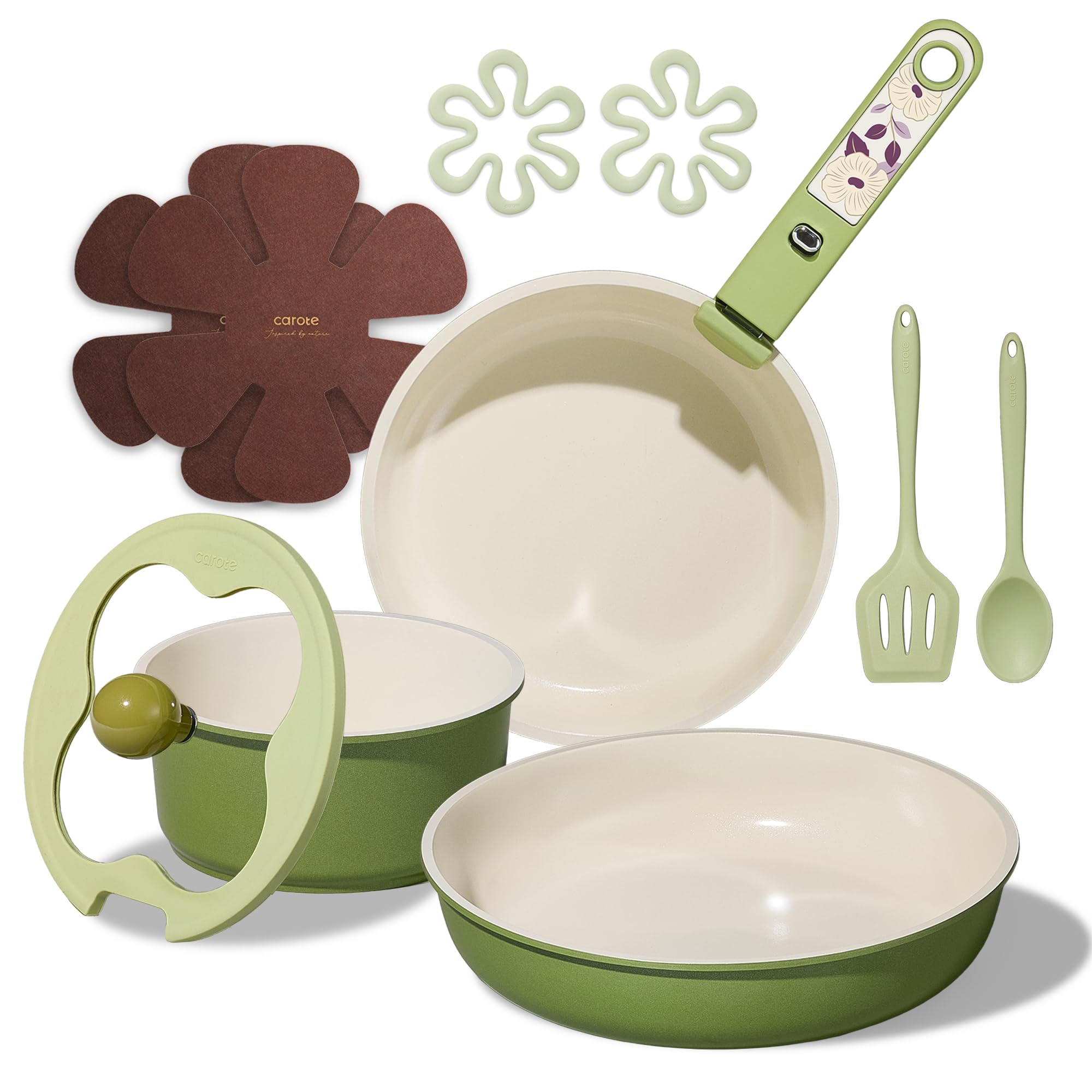 CAROTE 11pcs Ceramic Cookware Set, Pots and Pans Set Non stick, Induction Kitchen Cookware with Removable Handle, RV Dishwasher ＆ Oven Safe, RV/Camping Cookware, PFOA Free, Green Image