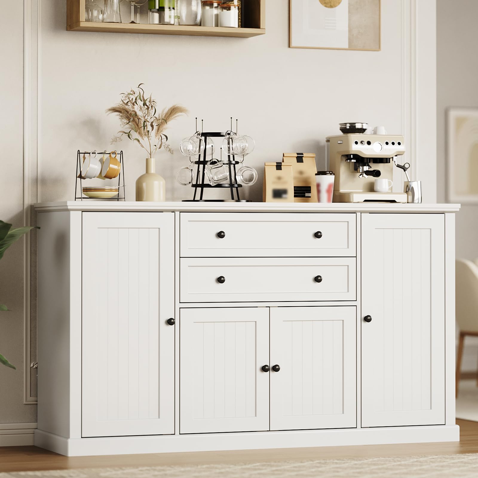 Photo 1 of **MINOR DAMAGE TO CORNERS**GAOMON 58" Sideboard Buffet Cabinet with Storage with 4 Doors & 2 Drawers, Farmhouse Wood Cupboard Kitchen Pantry Storage Cabinet Coffee Bar Station for Kitchen, Living Room, Dining Room (All White)