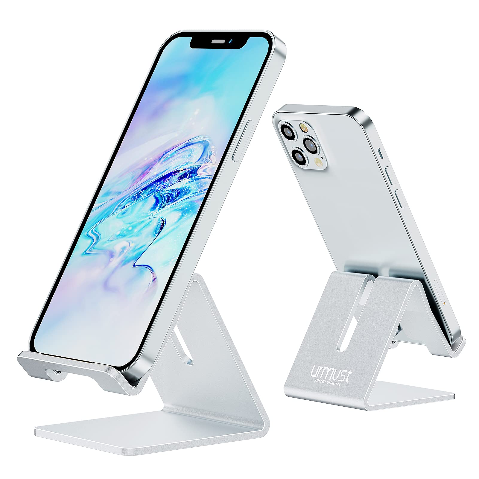 Photo 1 of Urmust Desk Cell Phone Stand Holder Aluminum Phone Dock Cradle Compatible with Switch, for iPhone 14 13 12 11 Pro Xs Xs Max Xr X 8 7 6 6s Plus 5 5s 5c, Office Decor Accessories Desk (Silver)