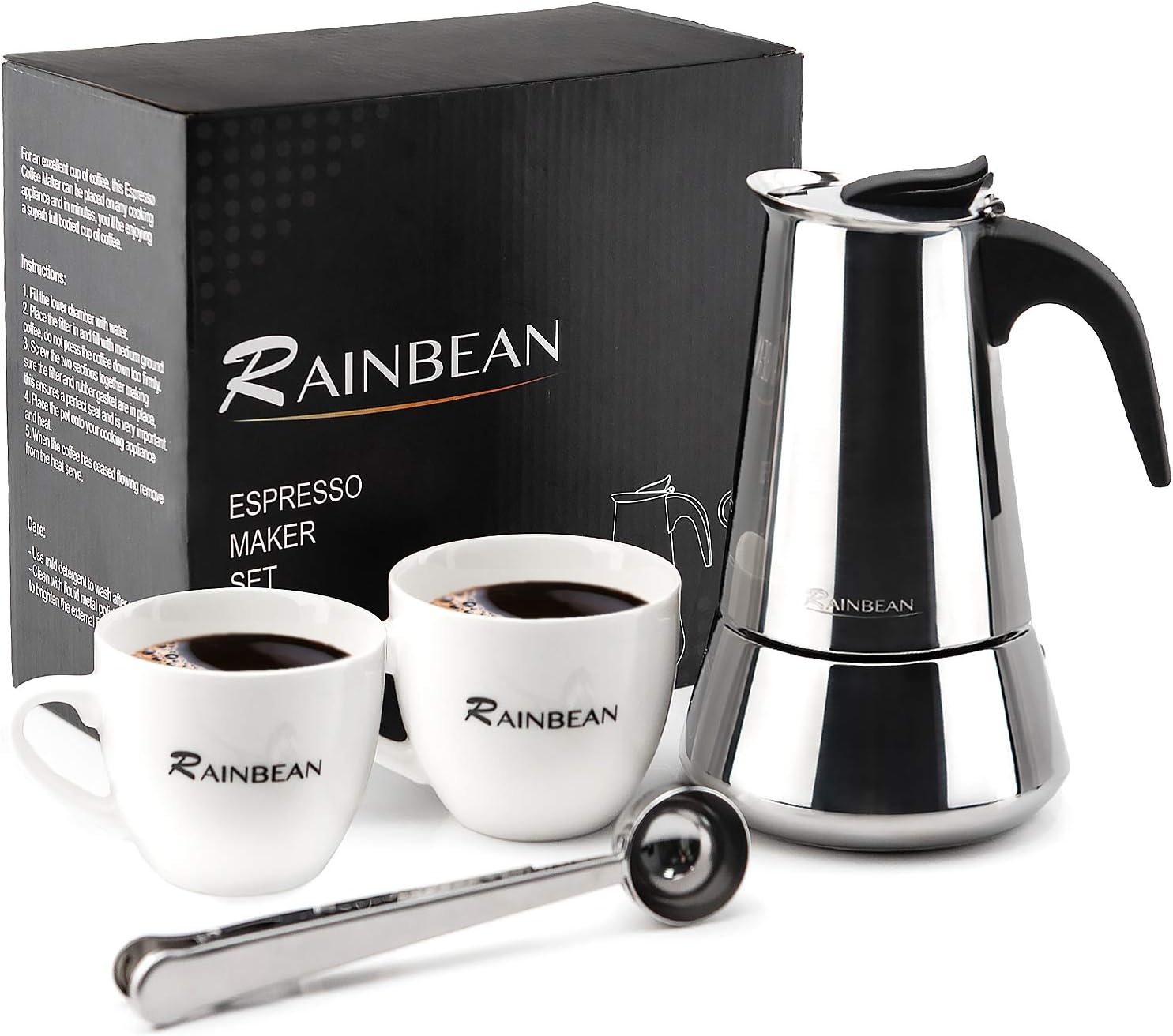 Stovetop Espresso Maker stainless steel 6 Cup Espresso Moka Pot for Full Flavored Espresso Percolator Italian Coffee Maker Stainless Steel Espresso Maker with Gift Package(2 cups,1 spoon)