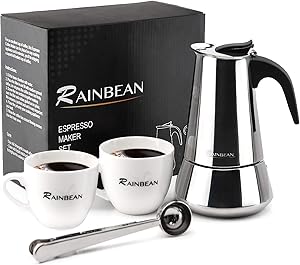 Stovetop Espresso Maker stainless steel 6 Cup Espresso Moka Pot for Full Flavored Espresso Percolator Italian Coffee Maker Stainless Steel Espresso Maker with Gift Package(2 cups,1 spoon)