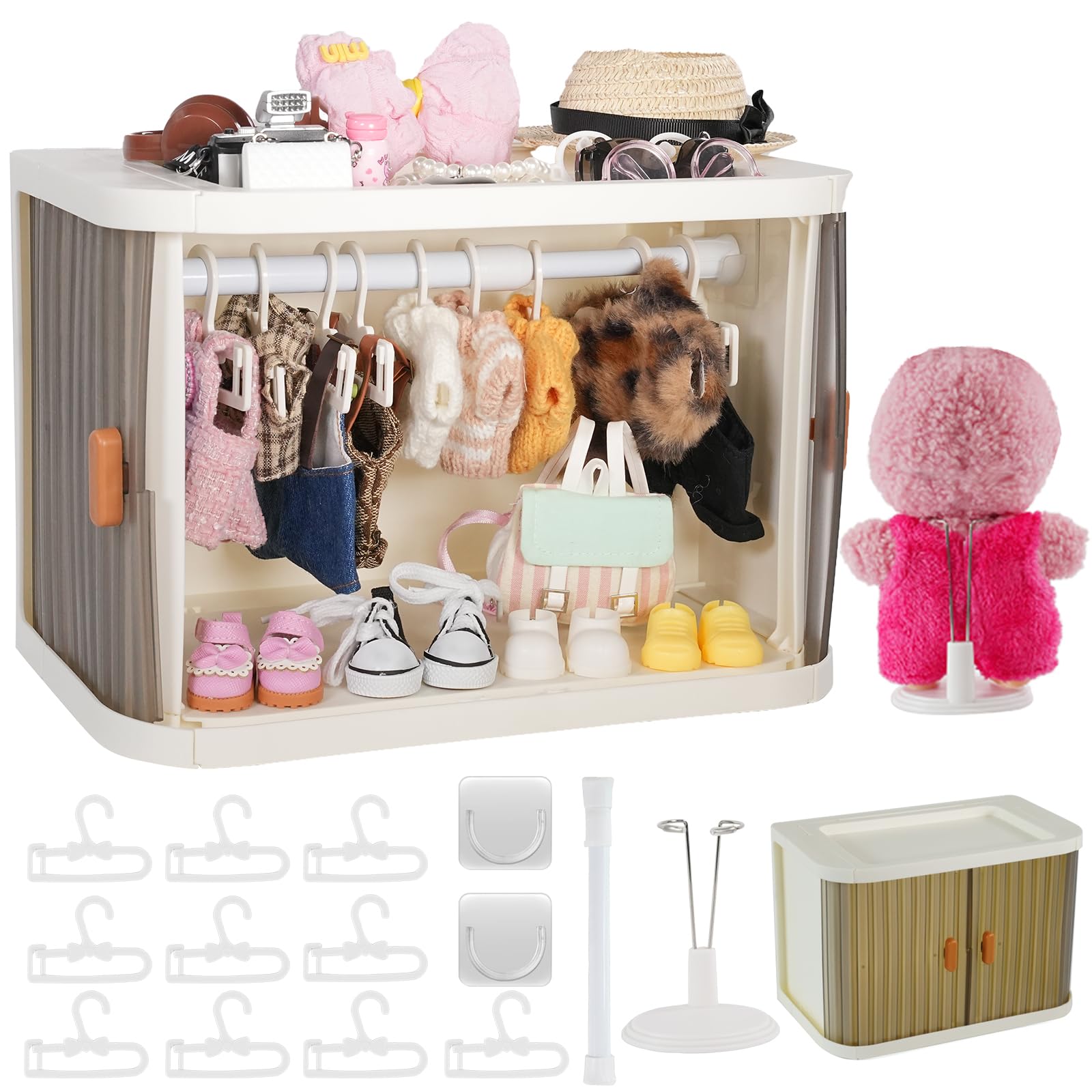 Photo 1 of Foldable Doll Wardrobe with Stand Compatible with Labubu, 10 Hangers, 1 Rod & 2 Supports, Dust-Resistant Stackable Organizer Cabinet Storage Box for 15/17cm Doll Clothes Shoes Accessories (Foldable)