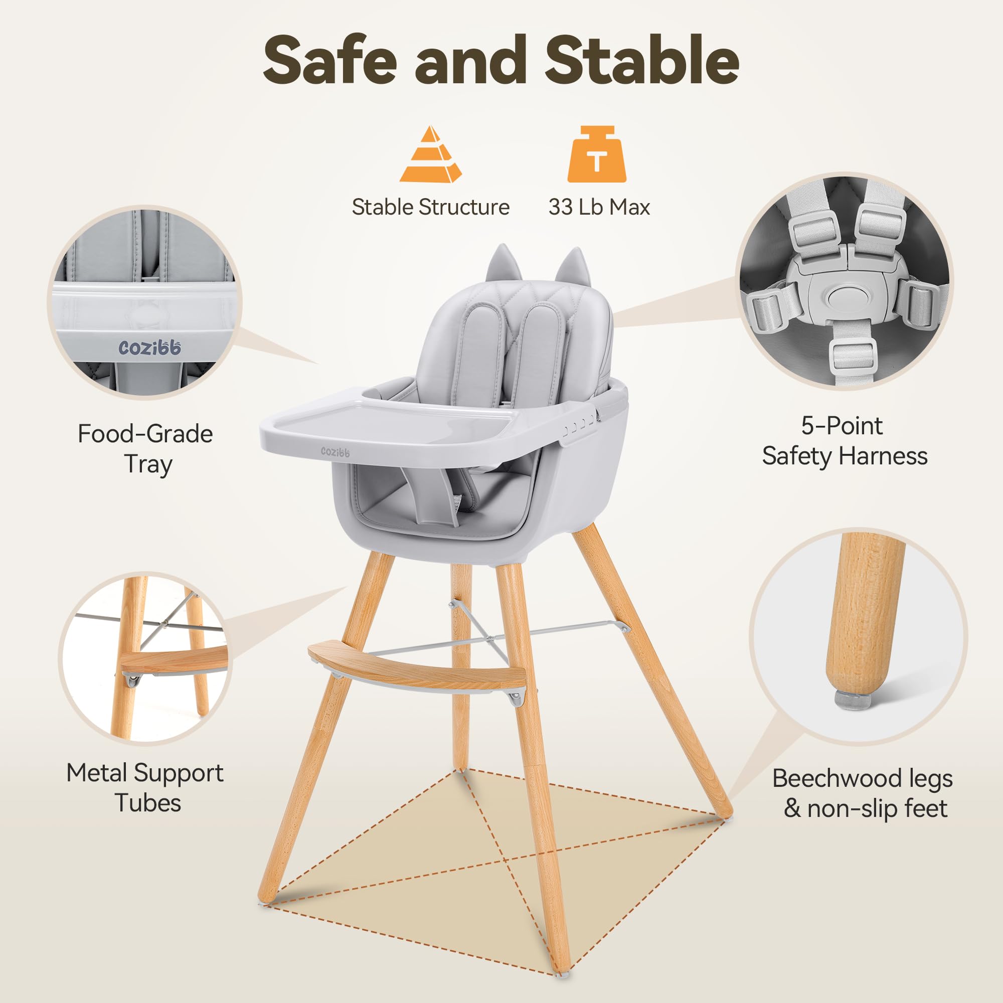 CoziBB 4-in-1 Baby High Chair, Convertible Easy-to-Clean Wooden Highchair for Infant, Kids& Children, 3 Position Tray, Leatherette Seat, Modern and Compact Design, Grey
