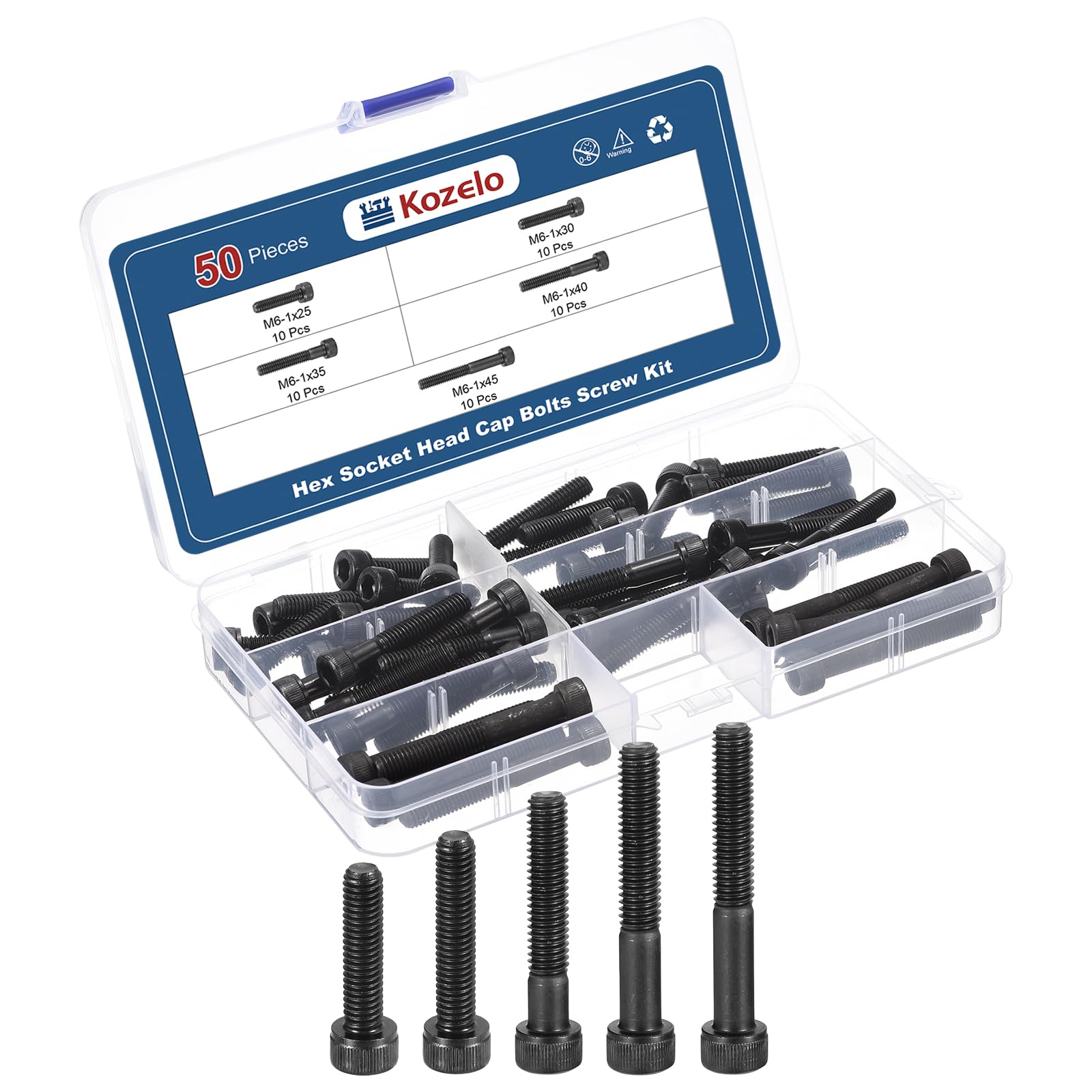 Kozelo 50pcs M6 Socket Head Cap Screws Bolts Nuts Assortment Kit - [M6x25/30/35/40/45mm] Alloy Steel Fully Threaded Black Oxide 12.9 Internal Hex Screw for 3D Printer Use