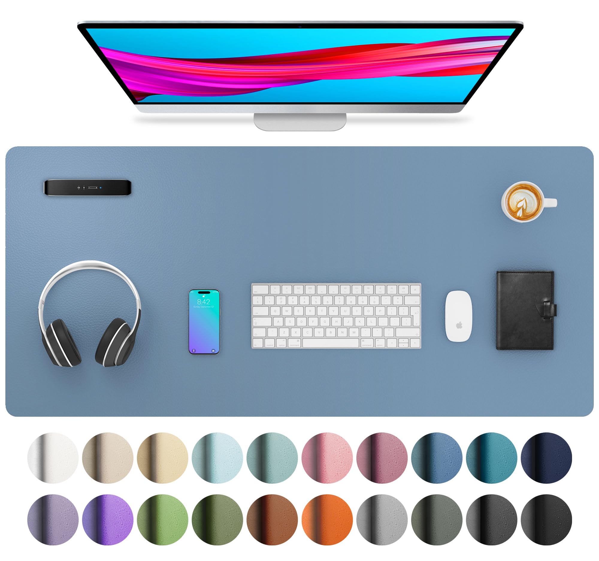 Photo 1 of Aothia Leather Desk Pad Protector, Mouse Pad, Office Desk Mat, Non-Slip PU Leather Desk Blotter, Laptop Desk Pad, Waterproof Desk Writing Pad for Office and Home (Denim Blue, 36" x 17")