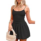 Nsbonu Women's Smocked Mini Dresses Summer Beach Sundress High Waist Casual Spaghetti Strap Swing A Line Babydoll Mini Dress