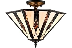 JEENKAE Tiffany Glass Ceiling Light 16.7-Inch 3-Light, Cream Stained Glass Ceiling Light Vintage Art Deco Design Tiffany Chandelier, Black Flush Mount Light Fixture for Living Room Bedroom