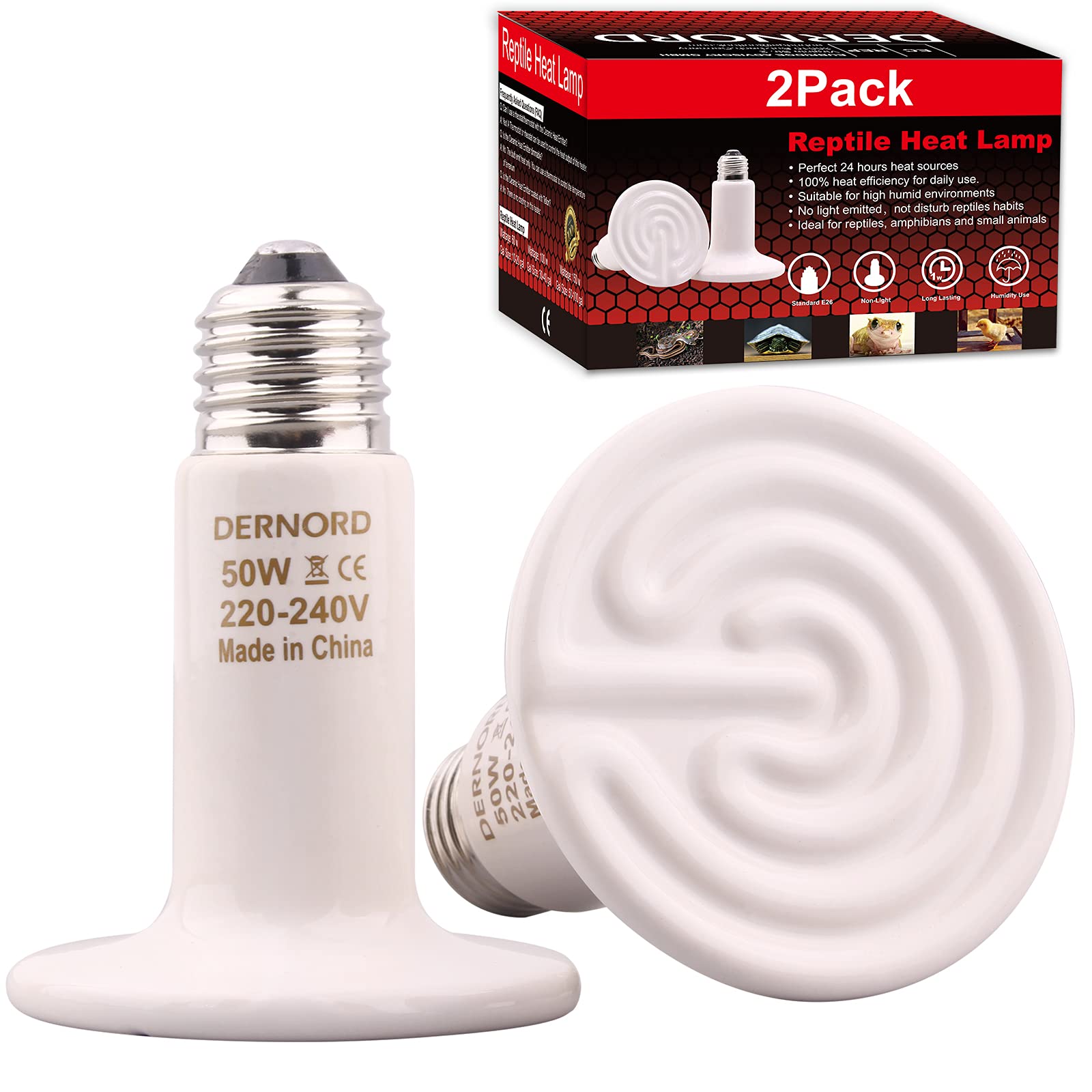 DERNORD Ceramic Heat Emitter 50W - 2 Pack E27 Vivarium Ceramic Heat Lamp Light Bulb for Reptile Bearded Dragon Lizard Snake Outside Tortoise Brooder White