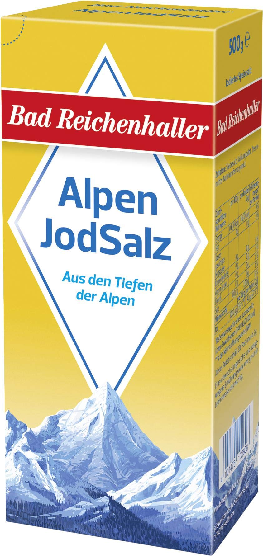 Bad Reichenhaller Marken JodSalz Reines Alpensalz aus Natursole, 500 gramm, Die Verpackung kann variieren