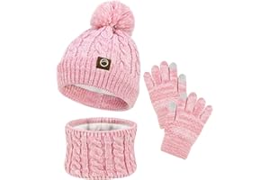 ZOORON Kids Winter Hat Gloves Scarf Set, Girls Boys Hats Beanie with Pom Children Knit Neck Warmer Mittens Fleece Lined Set