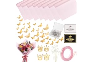 Fesorsi 20 Sheets Pink Floral Paper, Flower Bouquet Wrapping Paper With 48 Pieces 3D Gold Butterfly Decoration, Flower Wrapping Paper Suitable for Making Bouquets, DIY Floral Arrangements