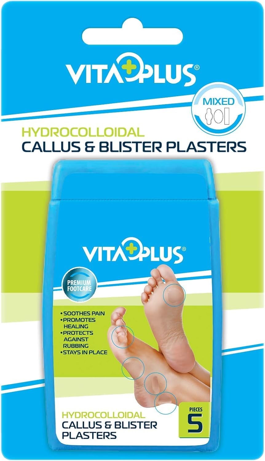 VITAPLUS Mixed Size Blister Plasters, 5 Hydrocolloid Blister Plasters, 2 x Medium, 2 x Small, 1 x Toe, Beige, 5 Count (Pack of 1)
