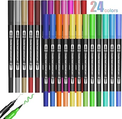 Jsdoin 24 Coloring Pens Fineliners Dual Tip Markers Kids Adults Drawing