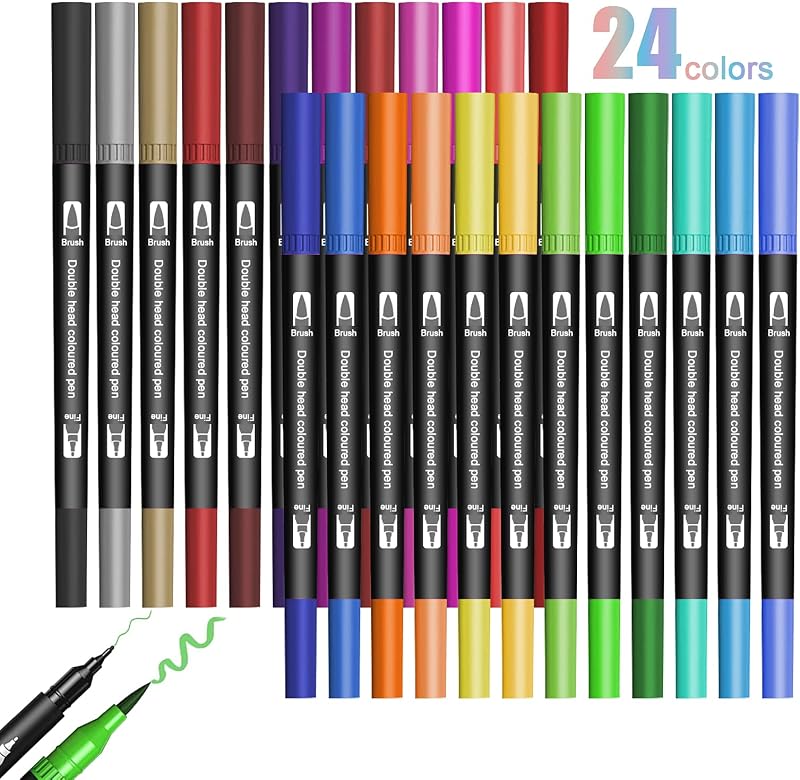 Jsdoin 24 Coloring Pens Fineliners Dual Tip Markers Kids Adults Drawing