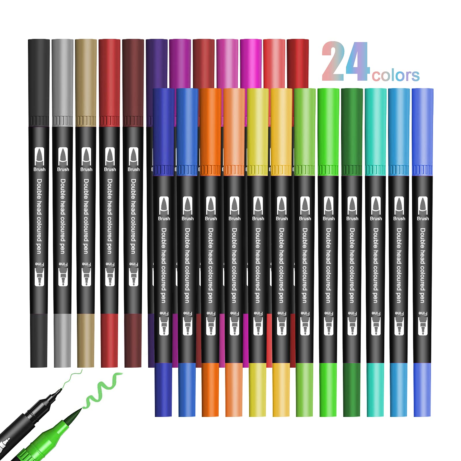 Jsdoin 24 Coloring Pens For Children, Fineliners Felt Pens Dual Tip Outline Markers Pens for Kids and Adults Drawing Sketching Design Scrapbooking Painting Lettering Journal