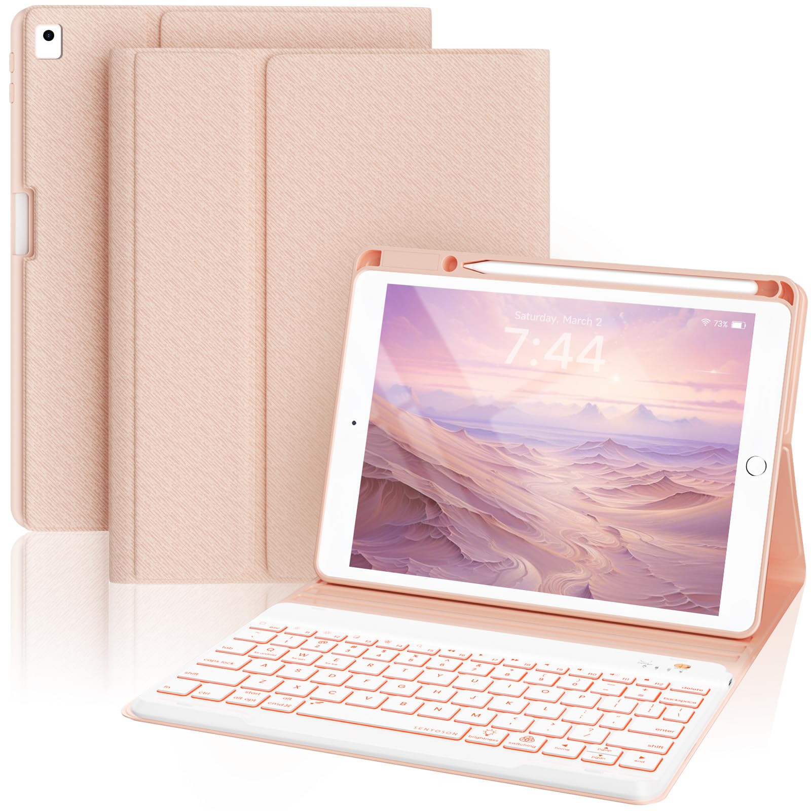 Photo 1 of OPAKIT Keyboard Case for iPad 9th/8th/7th Generation, 7-Color Backlit Detachable Bluetooth Keyboard and Pencil Holder, for 10.2'' 2021, 2019, Air 3rd, Pro 10.5'', Rose Gold