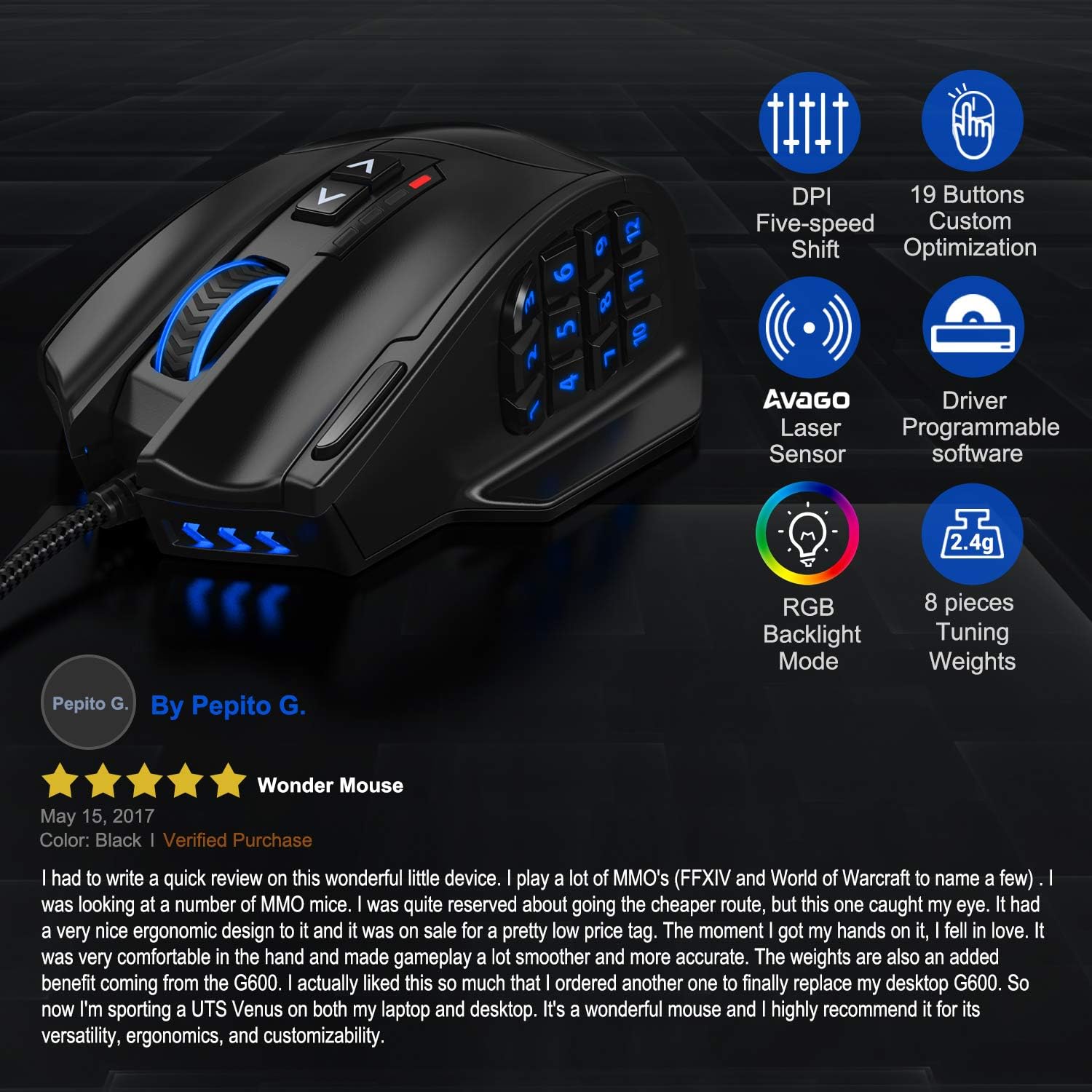 UtechSmart Venus Gaming Mouse RGB Wired, 16400 DPI High Precision Laser Programmable MMO Computer Gaming Mice [IGN's Recommendation]: Computers & Accessories