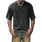 VIPWOLF Men's Vintage Cropped Graphic Tees Short Sleeve Boxy Crew Neck Summer T Shirts Streetwear