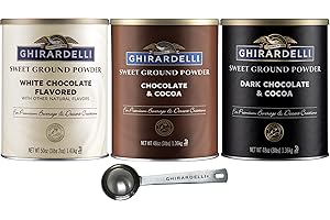 GHIRARDELLI CHOCOLATE COMPANY Ghirardelli Sweet Ground Premium Powder 3 Flavor Variety, 1-3 Pound Can Each, White Chocolate, Chocolate, and Dark Chocolate with Ghirardelli Stamped Barista Spoon