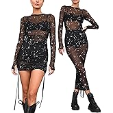 Womens Mesh Dress Ruched Glitter Long Sleeve Bodycon Sexy See Through Clubwear Rave Outfits