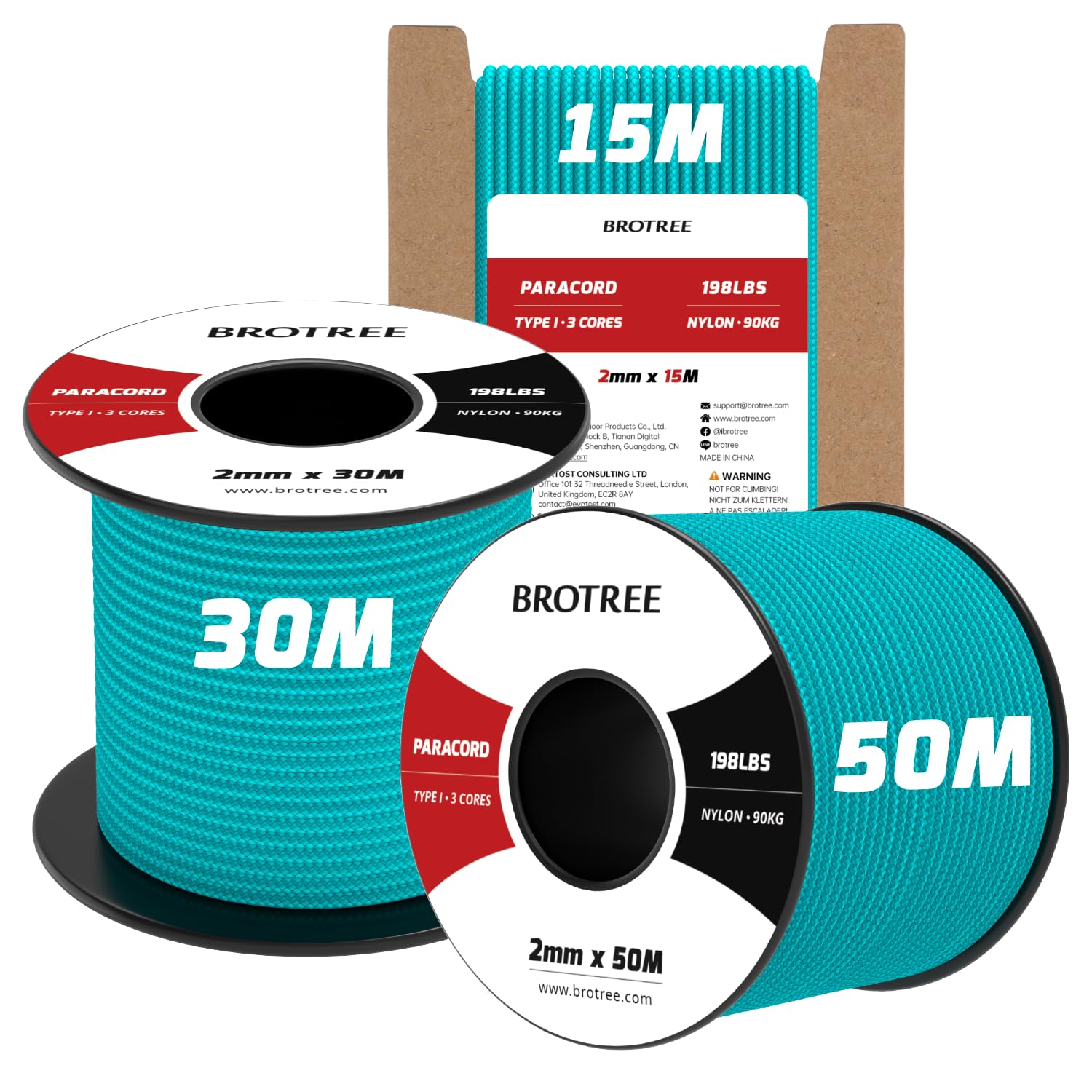 Brotree 2mm Paracord 3 Strands 30M 100% Nylon Rope Parachute Cord for Outdoor, Craft, DIY - 90kg Breaking Load (Turquoise) — image 1