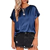 Beyove Women's Short Sleeve Pullover Blouses Satin Silk Shirts Casual Loose Elegant Work Tunic Tops