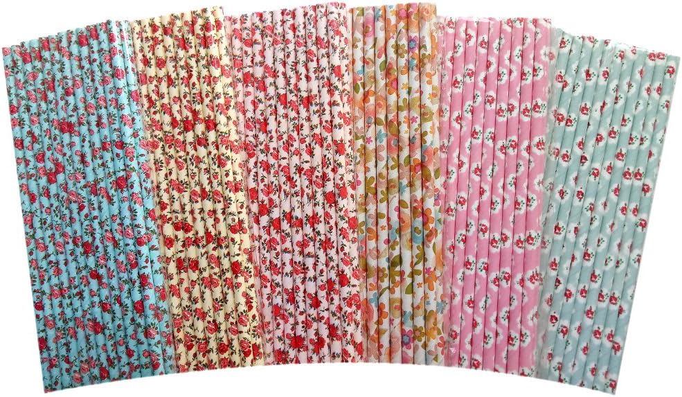 Fzopo Pretty Flowers Paper Straws for a Tea Party,Bridal Shower and Wedding Event,Biodegradable Premium Quality Party Straws Pack of 150