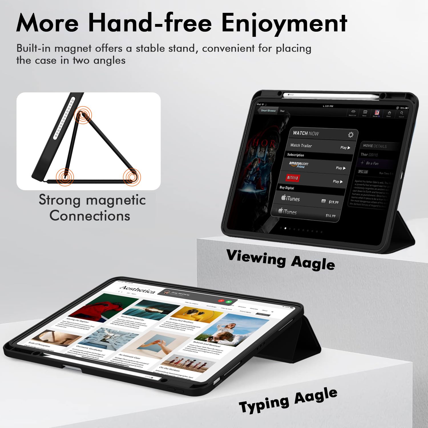 ZryXal New iPad Air 13 Inch Case M3 2025/M2 2024 with Pencil Holder, Trifold Stand Smart Case with Soft TPU Back,Auto Wake/Sleep (Black)