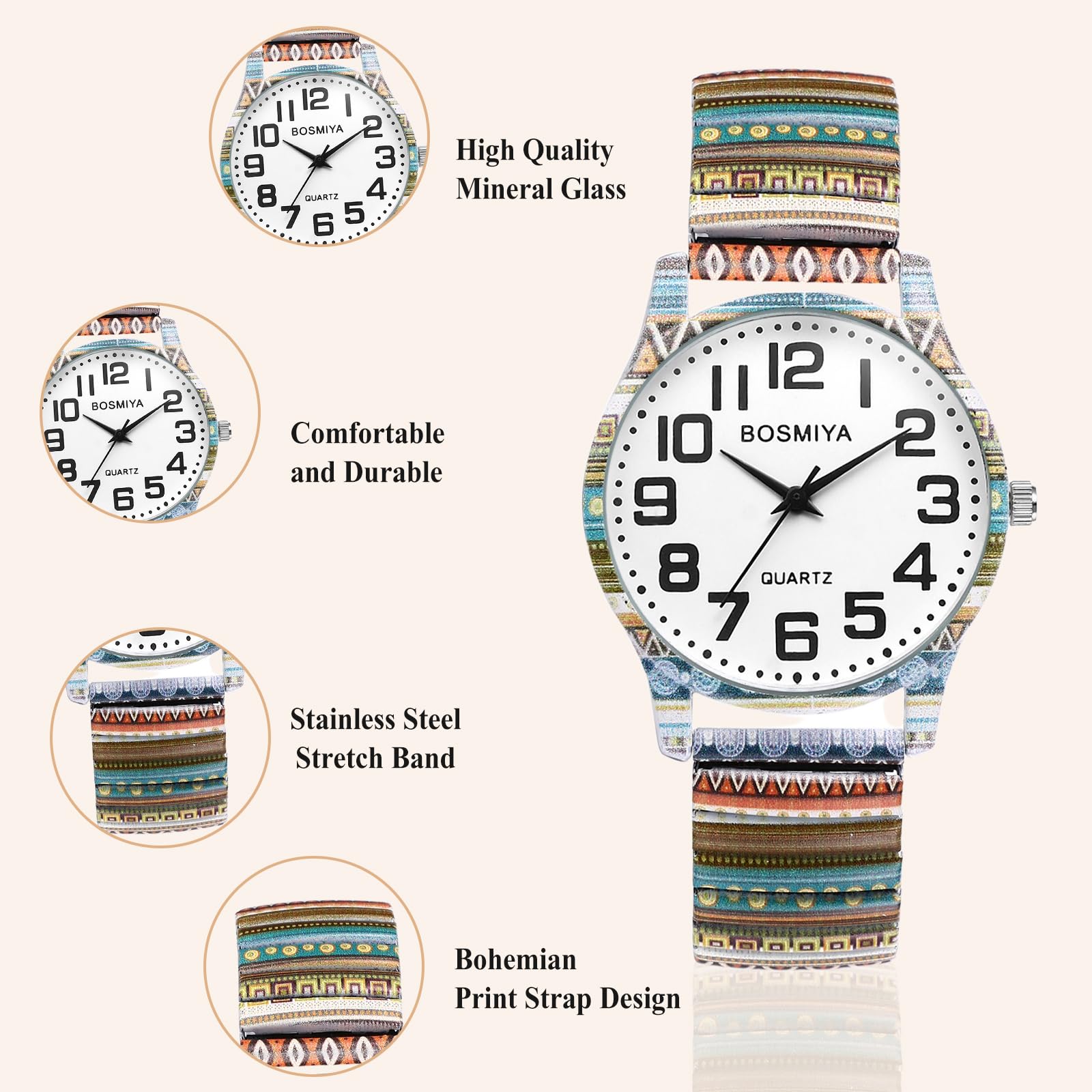 OIDEA Stretch Band Watches for Women: Bohemia Flower Easy Reader Elastic Band Watch Large Face Big Number Analog Quartz Bracelet Watch Expansion Band Wristwatch
