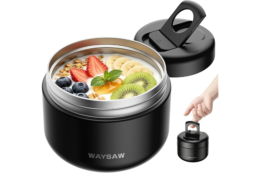 Waysaw 14 oz Kids Thermo for Hot Food, Leakproof Insulated Vacuum Jar/Black | 316 stainless steel wide mouth buckle lid BPA f