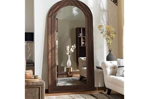 ZHUNFA Arched Full Length Mirror with Solid Wood Frame, 71x32 Farmhouse Wall Mounted Floor Mirror with Stand, Vertical Hanging, Leaning Standing for Bedroom, Living Room, Brown