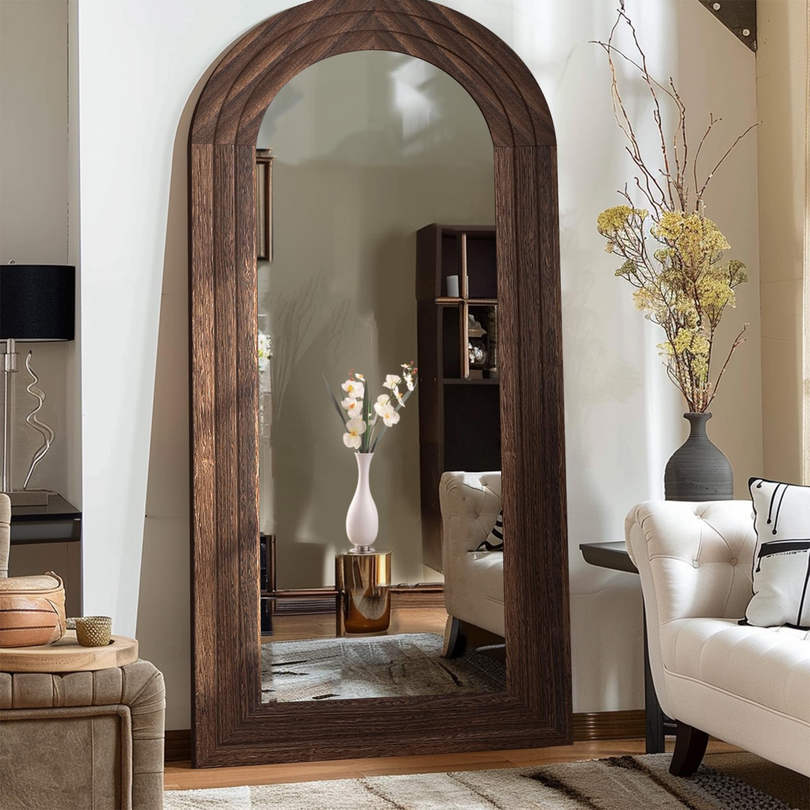 Photo 1 of ZHUNFA Arched Full Length Mirror with Solid Wood Frame, 71x32 Farmhouse Wall Mounted Floor Mirror with Stand, Vertical Hanging, Leaning Standing for Bedroom, Living Room, Brown