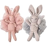 Kids Bath Loofah- 2 Pack Cute Animal Shaped Bath Luffa, Soft Mesh Pouf Shower Sponge Set for Baby & Toddler, Pink & Grey Reusable Travel lofa for Girls, Gentle Body Scrubber Wash for Women