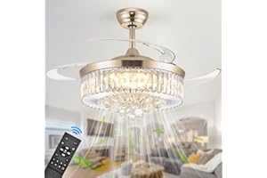 WWahuayuan 48'' Modern Chandelier Ceiling Fan with Timer, Silent Motor Fandelier Crystal Ceiling Fan with Light and Remote Control, Retractable Blade Fandeliers for Bedroom, 6 Speeds, 3 Colors, Gold