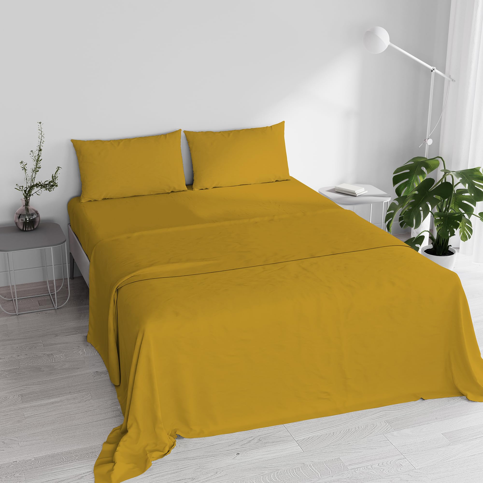 Italian Bed Linen Double Bed, Cotton, Mustard-Coloured, 240 x 300 cm
