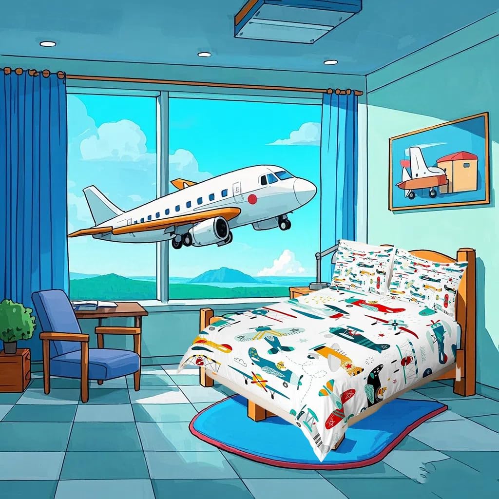 Airplane Duvet Cover Set for Kids Toddler Cartoon Aircraft Bedding Set Cute Baby Boys Girls Gifts Comforter Cover with 2 Pillow Shams King Size Child Quilt Cover — image 1