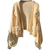 MakeMeChic Women's 3D Floral Open Front Cardigan Sweaters Long Sleeve Knit Crop Outerwear
