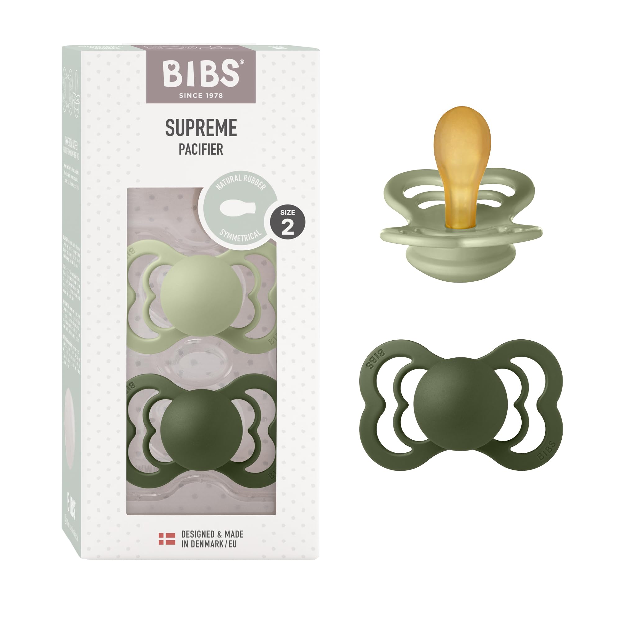BIBS Supreme Soother 2-Pack, BPA Free Dummy Pacifier, Symmetrical Nipple. Natural Rubber Latex, Size 2 (6-18 Months), Sage/Hunter Green