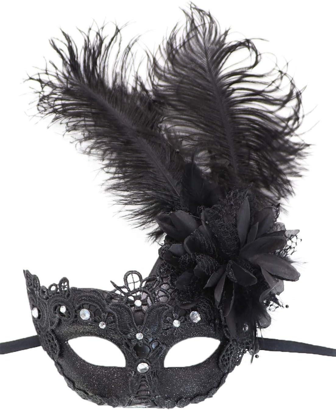 Flywife Feather Masquerade Mask Halloween Mardi Gras Cosplay Costumes Venetian Party Mask (Lace Black)