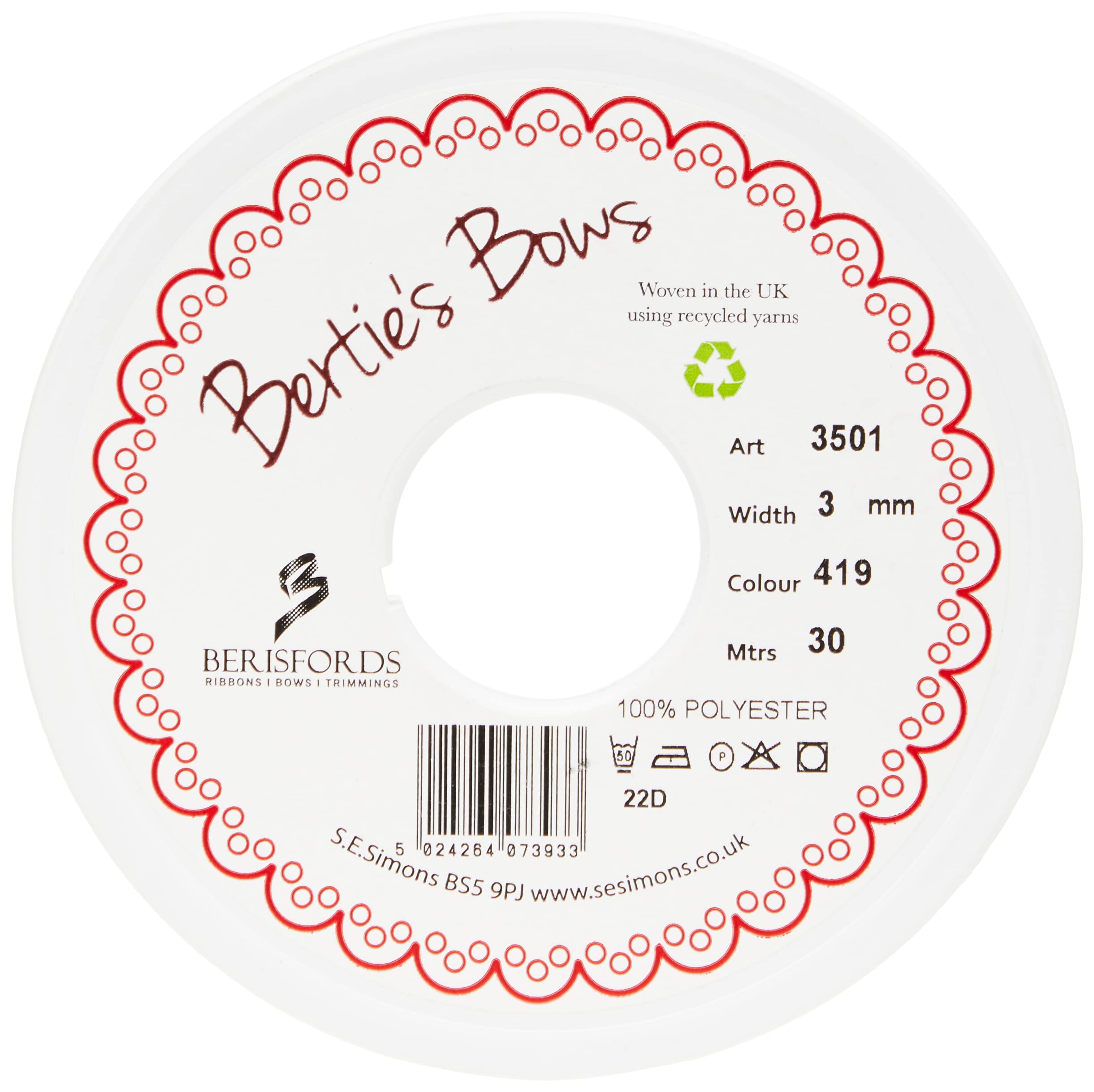 Berisfords Double Satin Ribbon, Bridal White, 3 mm
