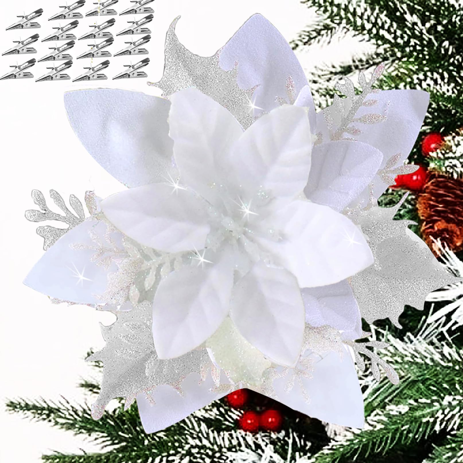 Photo 1 of 18 PCS Artificial Christmas Poinsettia Flowers - Tree Decorations With Glitter and Clips - White Ornaments for Xmas Decor