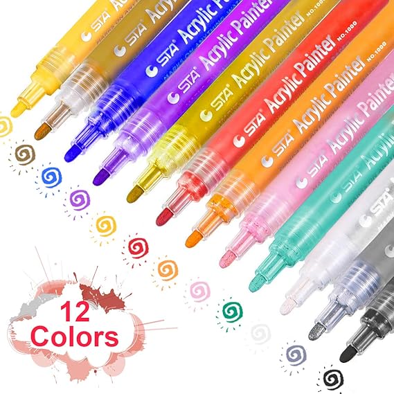 CRXOOX Acrylstifte Markers Stifte, 12 Farben Permanent Wasserfest Acrylfarben Marker Set Art Filzstift für Holz Steine Stoffm