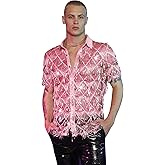 WDIRARA Men's Sequin Decor Fringe Button Front Shirts Short Sleeve Sheer Party T Shirt
